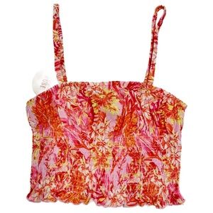 Hippie Rose Girls Juniors Tropical Floral Pink Smock Spaghetti Strap Crop Top XS